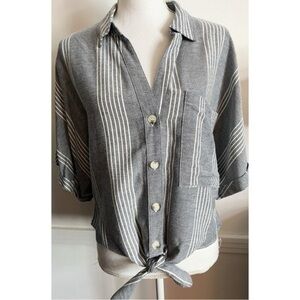 Adyson Parker • Greyish Blue Striped Tie Front Blouse